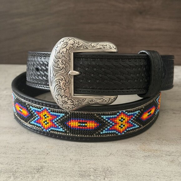 NWOT Nocona Tribal Beaded Black Tooled Leather Removable Buckle Belt Size 38 main image 7